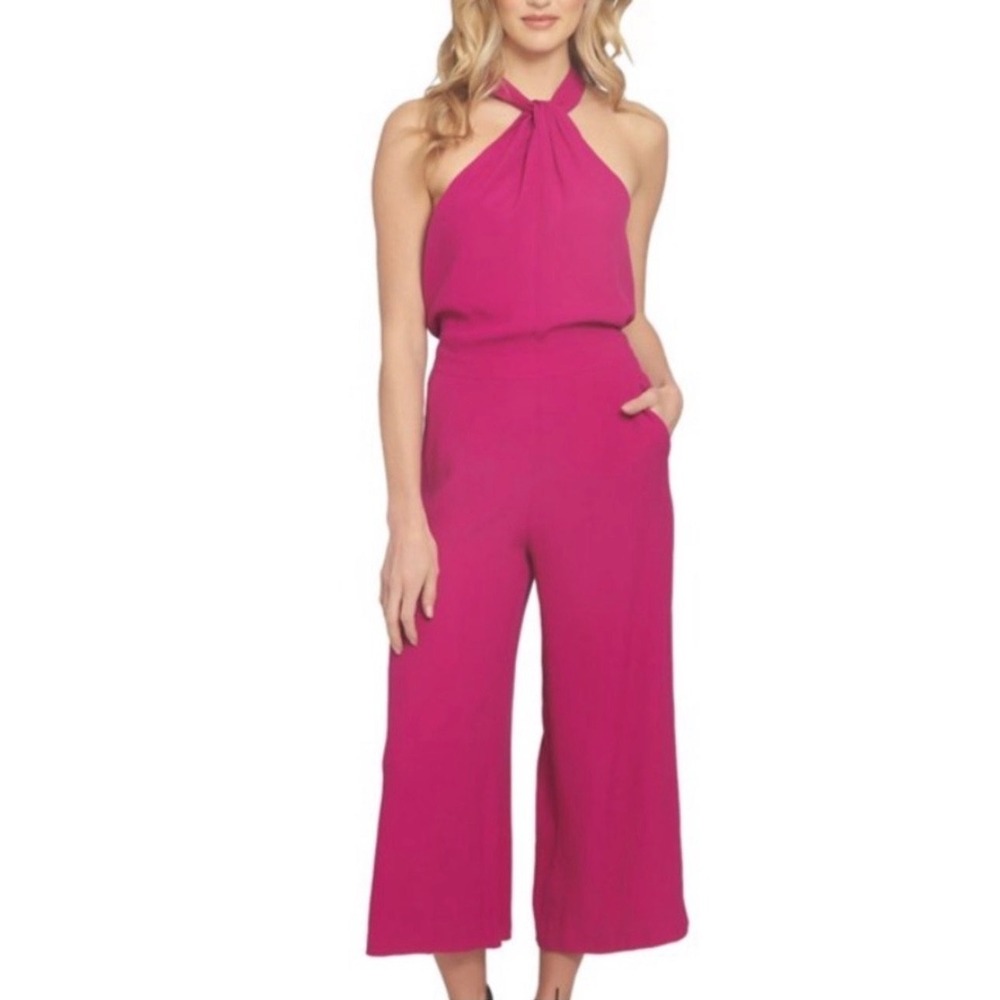 1.STATE Womens Magenta Pink Halter Twist Neck Wide Leg Crop Jumpsuit Size 8